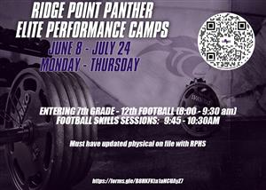 Promotional flyer for Ridge Point Panther Elite Performance Camps. Purple-toned background with weightlifting equipment and a